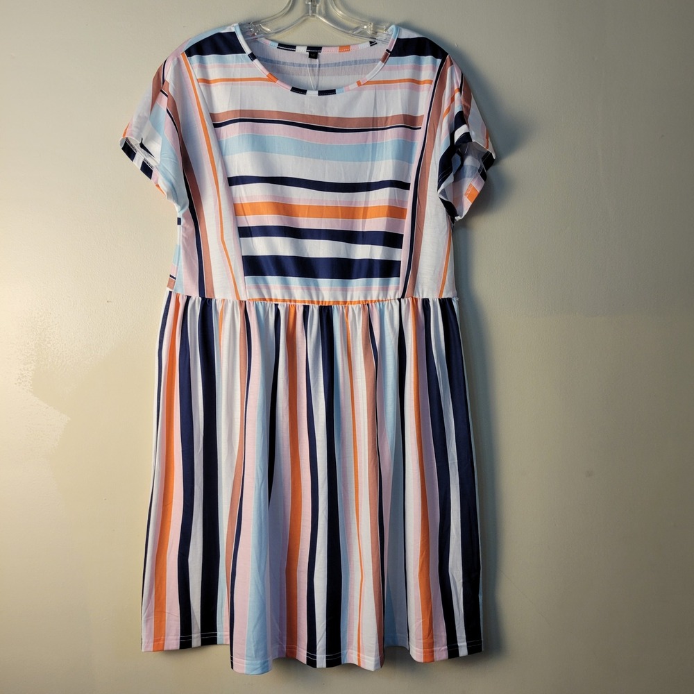 Niloine Womens Striped Empire Waist Babydoll Dress Multi Color Short Sleeve M